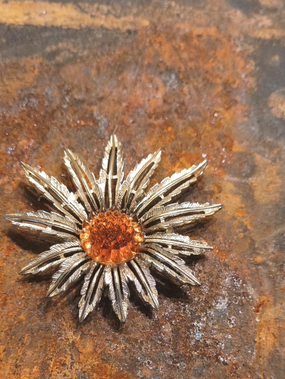 Vintage Silver-Tone Floral Brooch with Amber Center Coventry